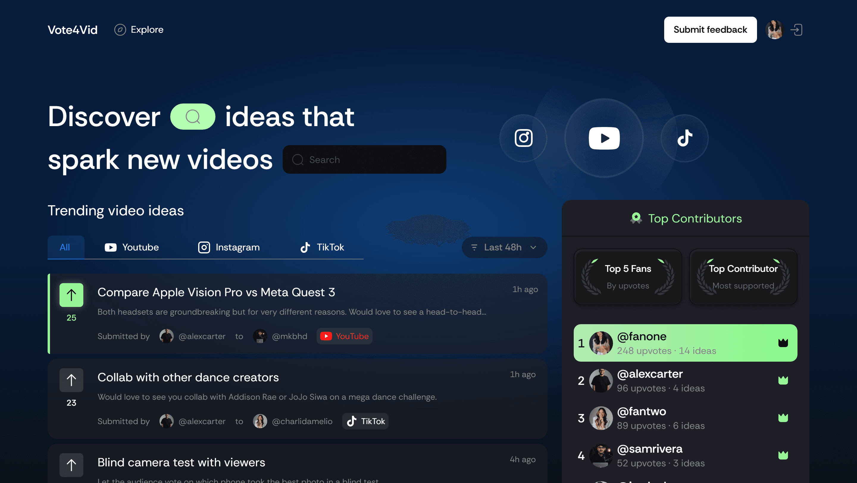 Ask The Fan discovery feed in use: fans browse and upvote trending video ideas across YouTube, Instagram and TikTok, with a live top-contributors leaderboard